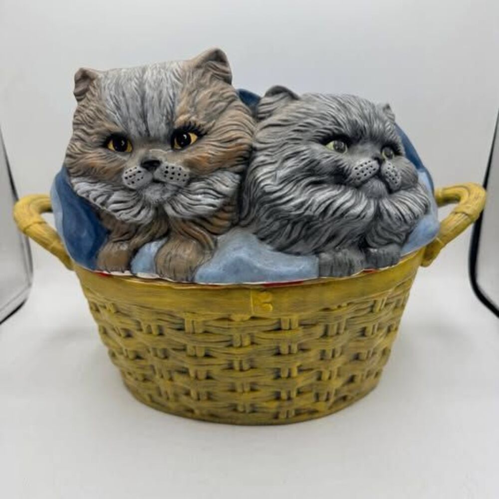 Vintage 1977 Alberta's Mold Kittens in a Basket Ceramic Cookie Jar Container